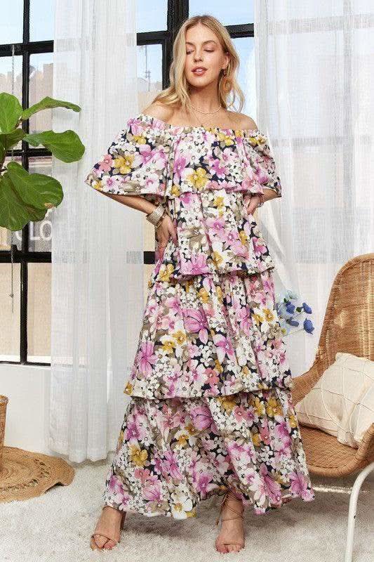 ADORA Layered Floral Off-Shoulder Short Sleeve Maxi Dress - SwagglyLife Home & Fashion